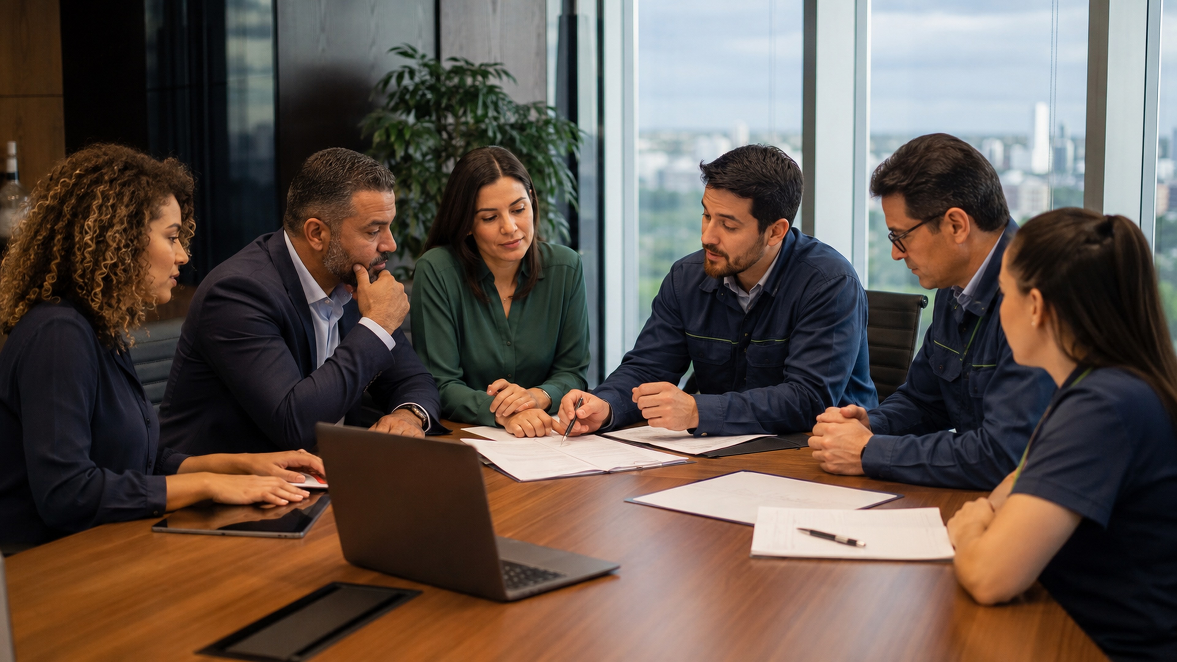 Gestores analisando processos de governança e compliance antes da contratação de serviços terceirizados.