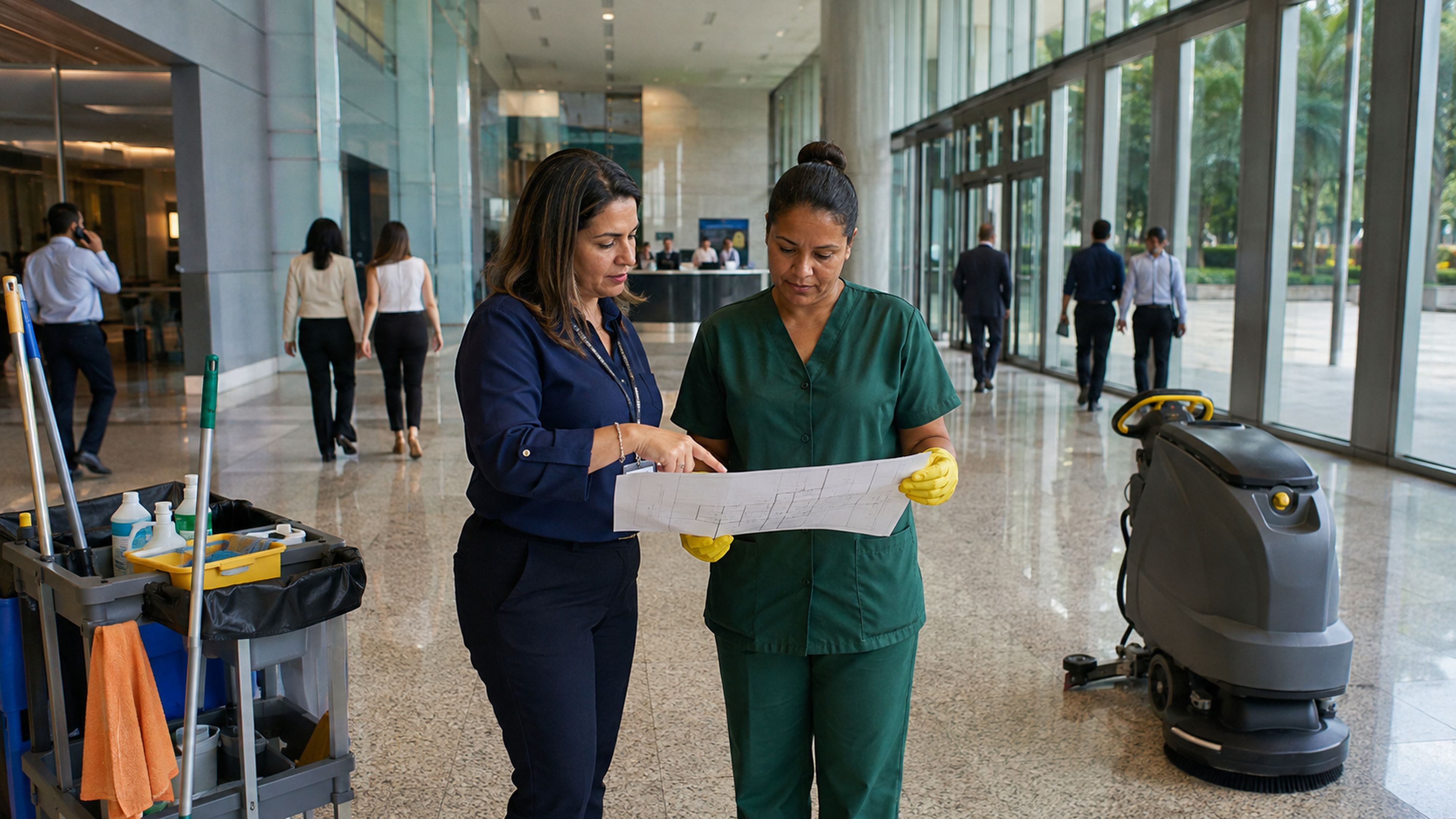 Supervisora e profissional analisando o dimensionamento de uma operação de limpeza