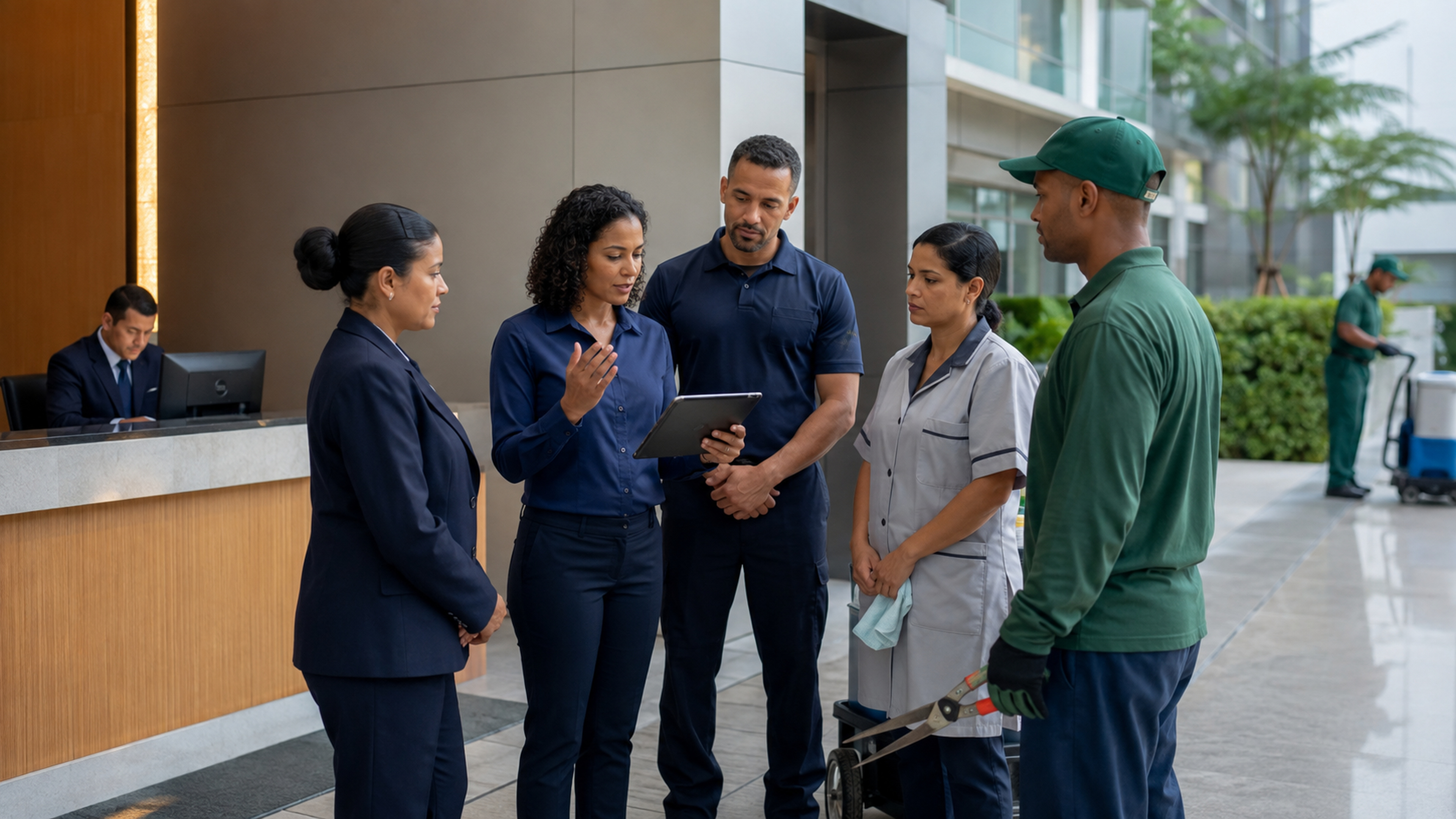 Equipe multidisciplinar coordenando serviços integrados de facilities