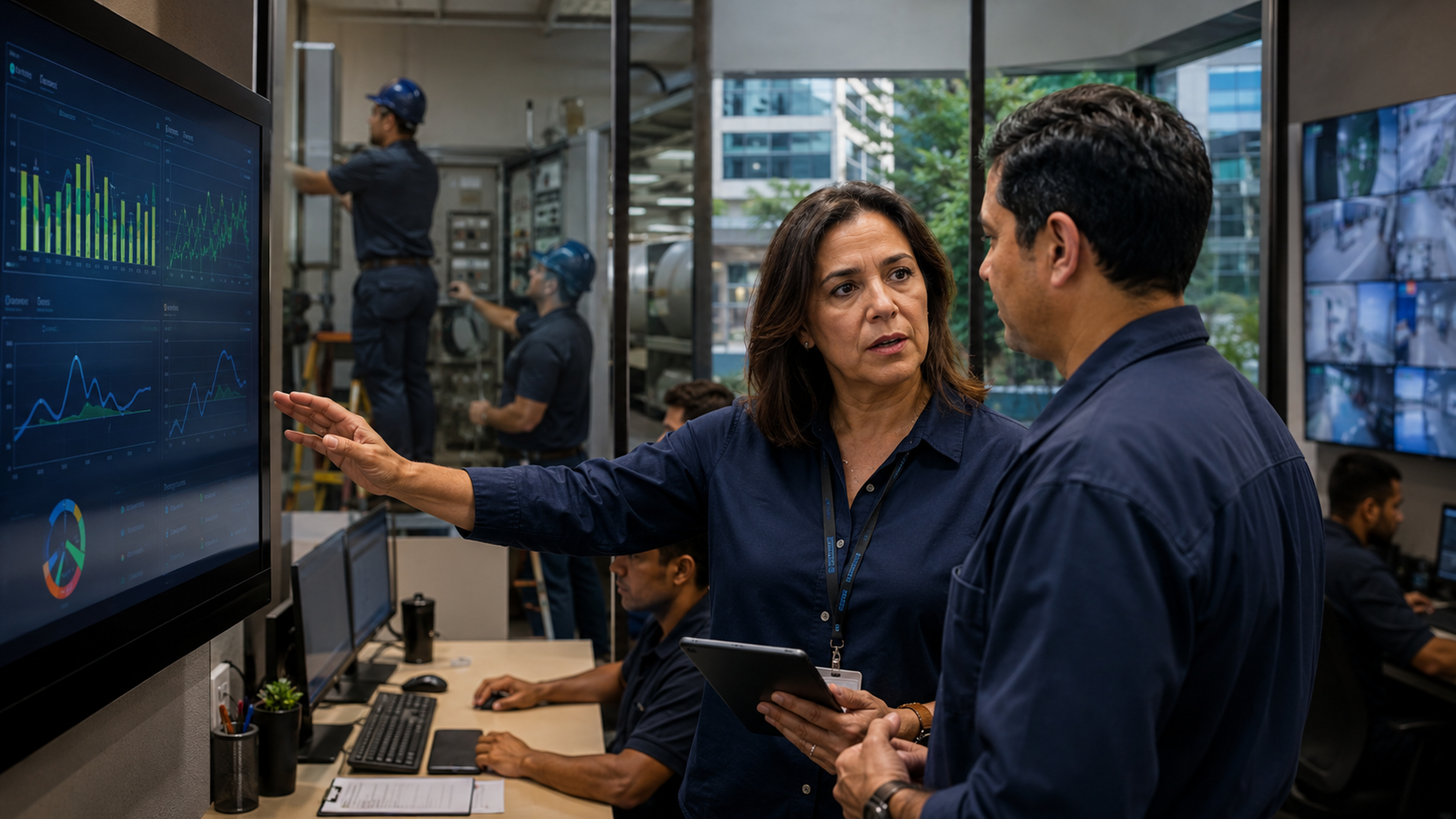 Gestores analisando dados e inteligência artificial aplicada ao Facility Management
