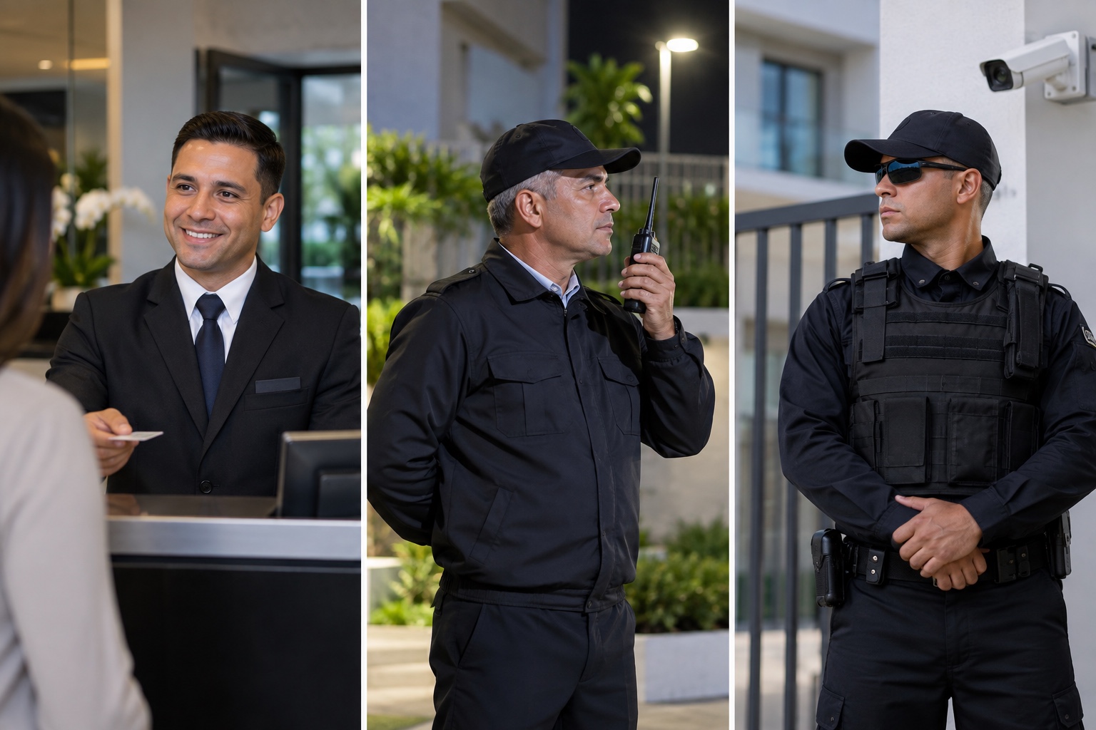Porteiro, vigia e vigilante representados em seus diferentes ambientes de trabalho