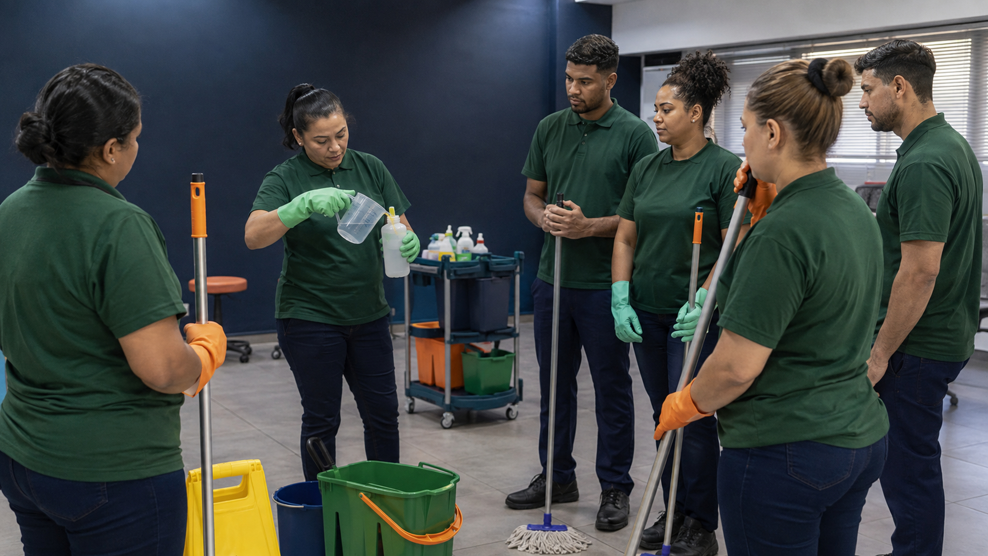 Equipe de limpeza profissional participando de treinamento operacional