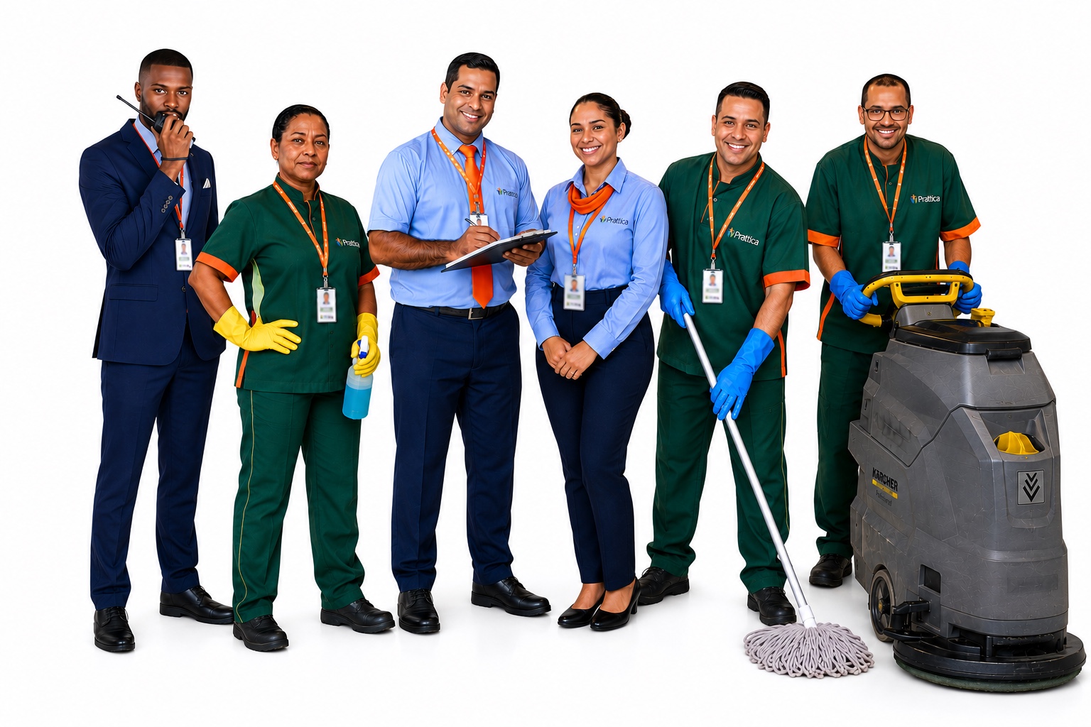 Profissionais da Prattica em diferentes serviços de facilities, com equipe de limpeza e equipamento profissional